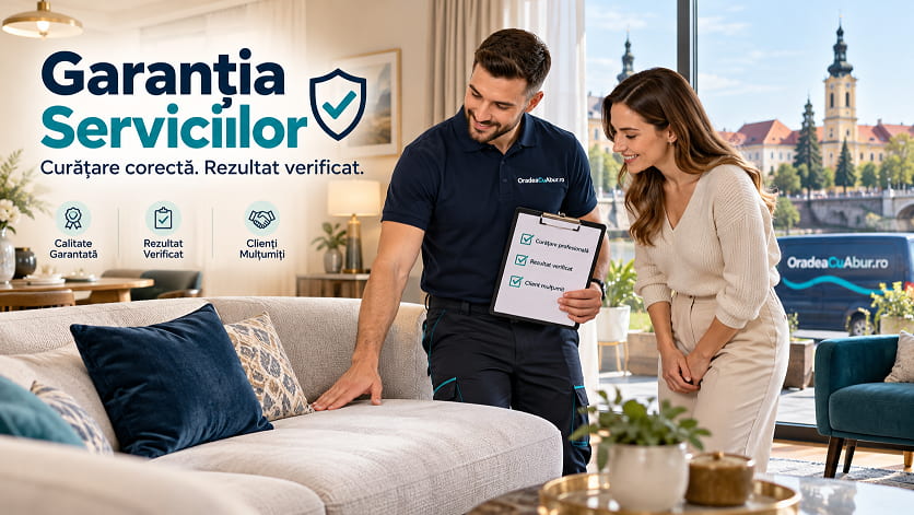Tehnician OradeaCuAbur verificând rezultatul curățării unei canapele împreună cu clientul